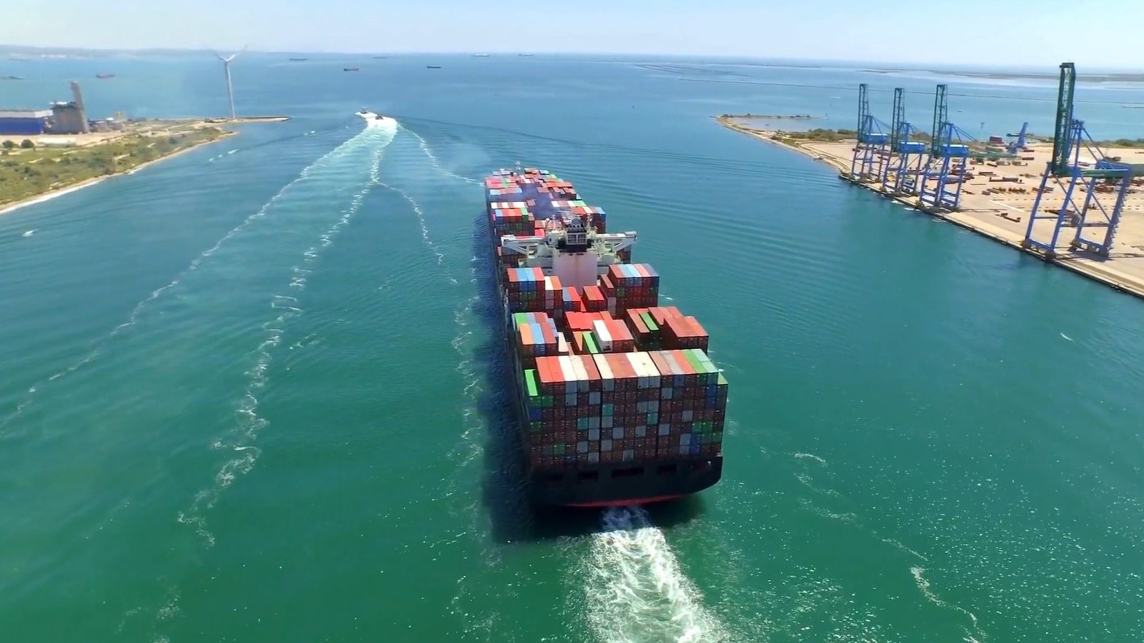 Container ship leaving port